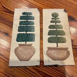 Pair Vintage Woven Topiary Tapestry Panels Cottagecore English Garden Country